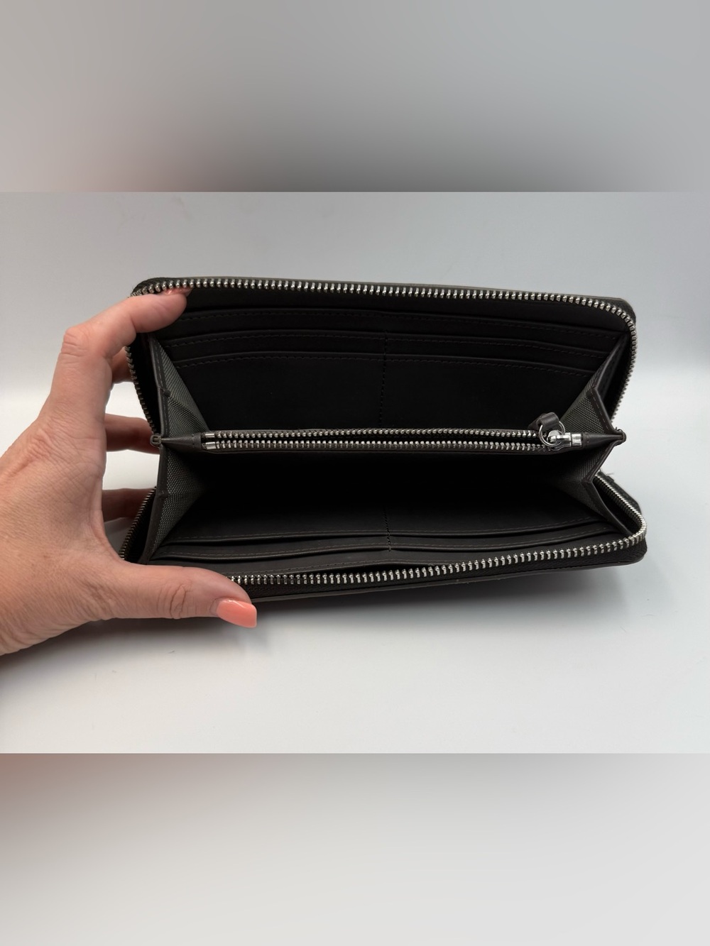 Cole Haan Gray And Black Leather All Over Monogram Print Zip-Around Long Wallet - Picture 3 of 5
